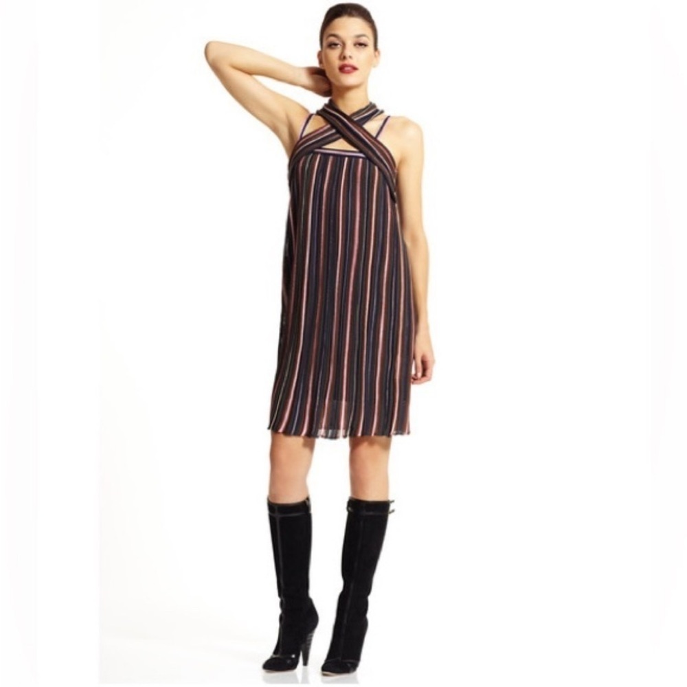 M Missoni Multicolor Metallic Stripe Criss-Cross Halter Mini Dress Size 44 US 8